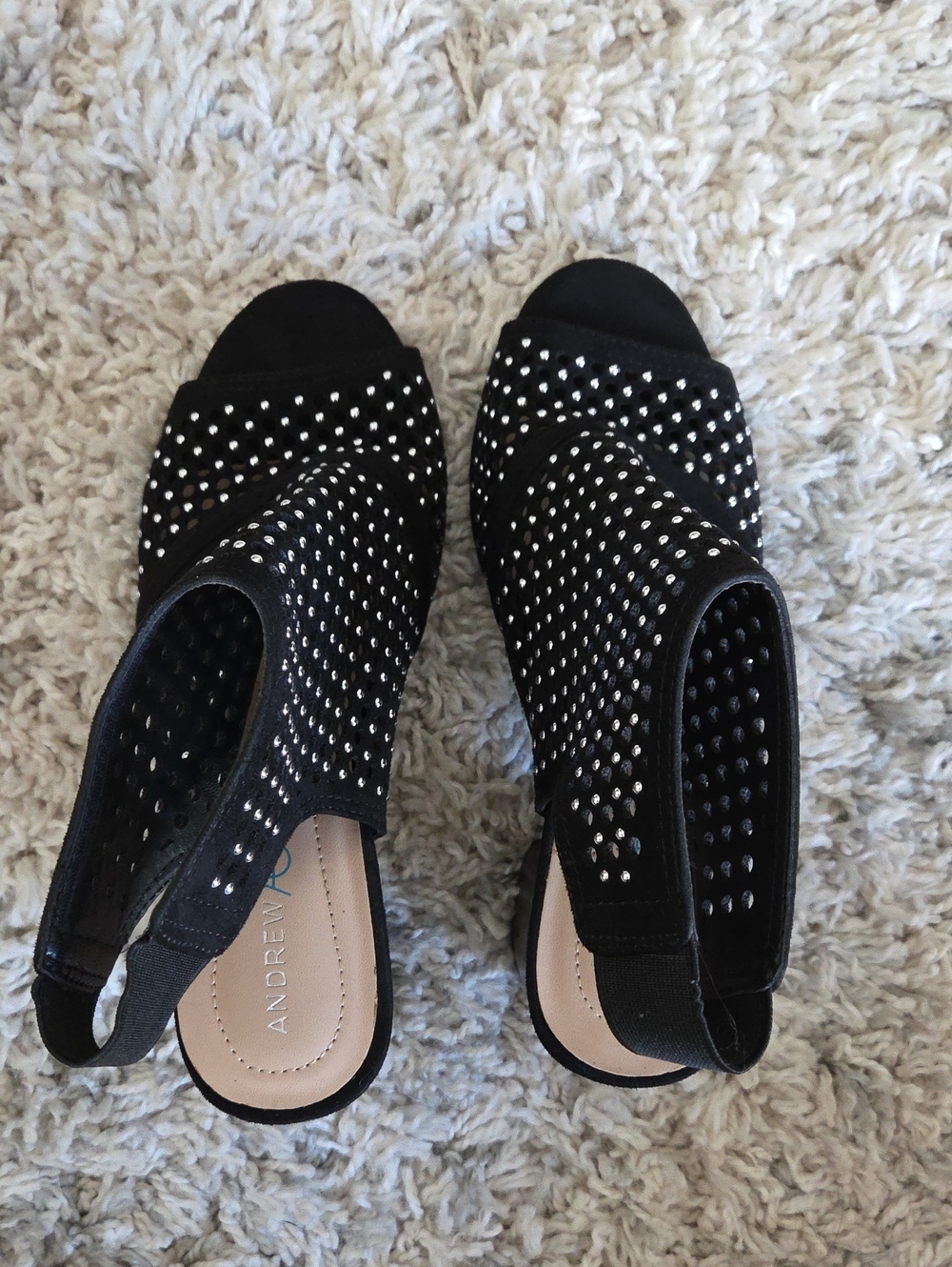 Andrew Geller Black Studded Open-Toe Slingback Mules